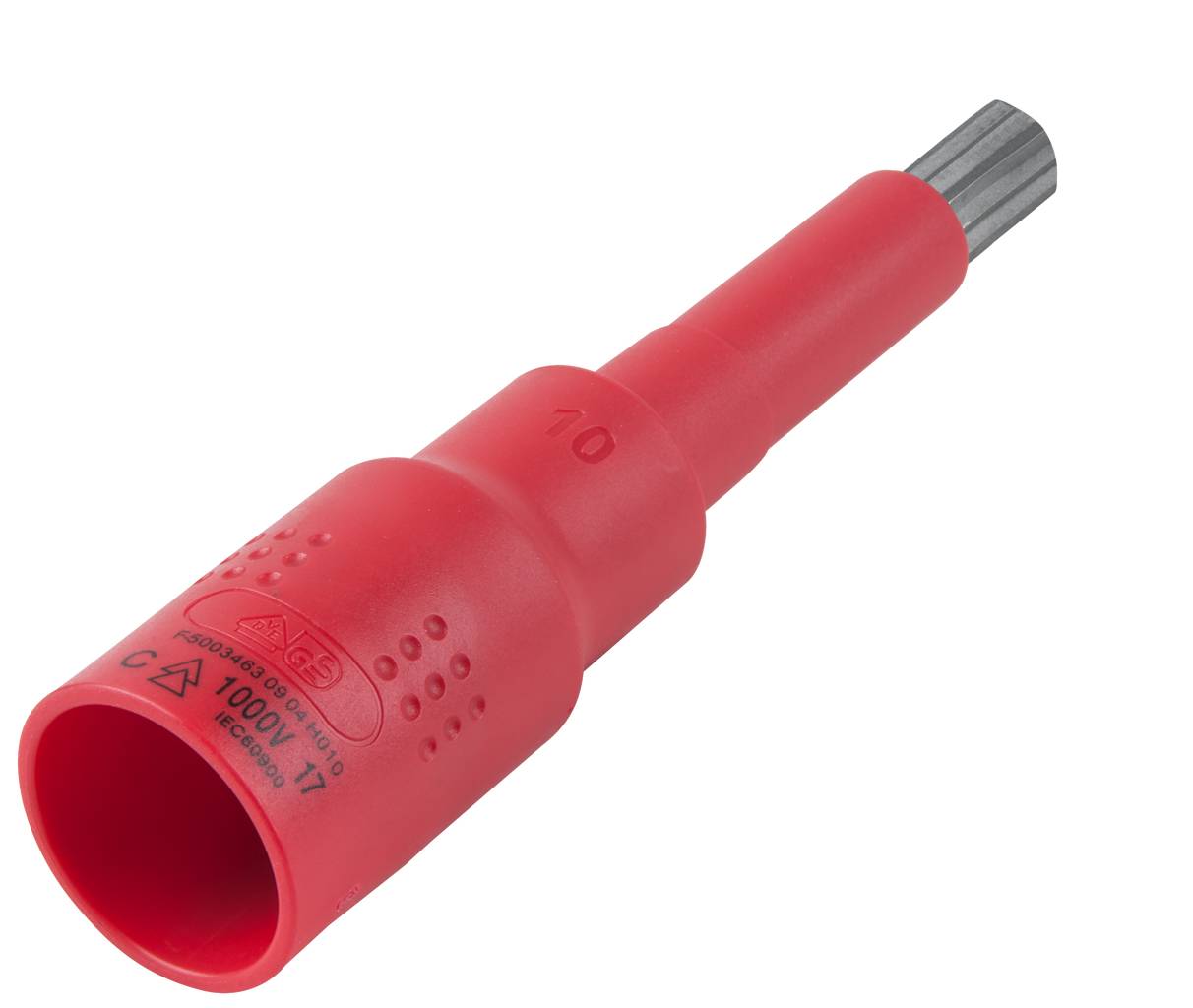 A red, isolated tool with a metal head, suitable for electrical work up to 1000V.