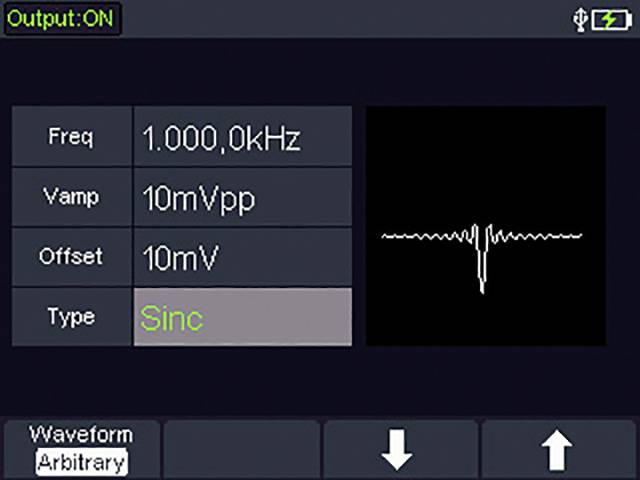 'Output: ON'. Display of a frequency generator: Freq 1,000.0 kHz, Vamp 10 mVpp, Offset 10 mV, Type 'Sinc'. Rectangular waveform graphic on the right.