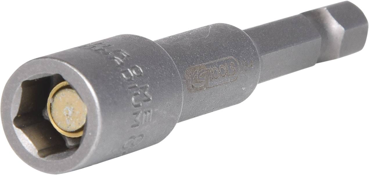 A grey magnetic socket bit with a hexagonal shank, for securing screws, on a light background.