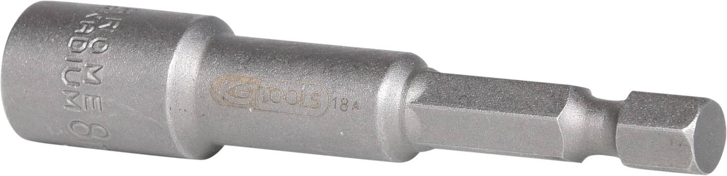 Metal hexagonal bit attachment from a tool set, for securing screws with a screwdriver.