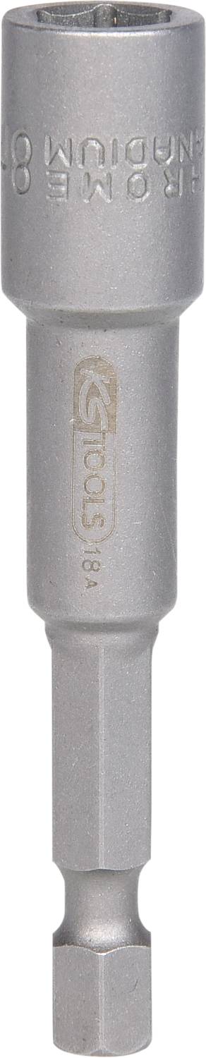 Metallic magnetic screwdriver bit with a hexagonal shaft and a cylindrical mounting, silver surface.