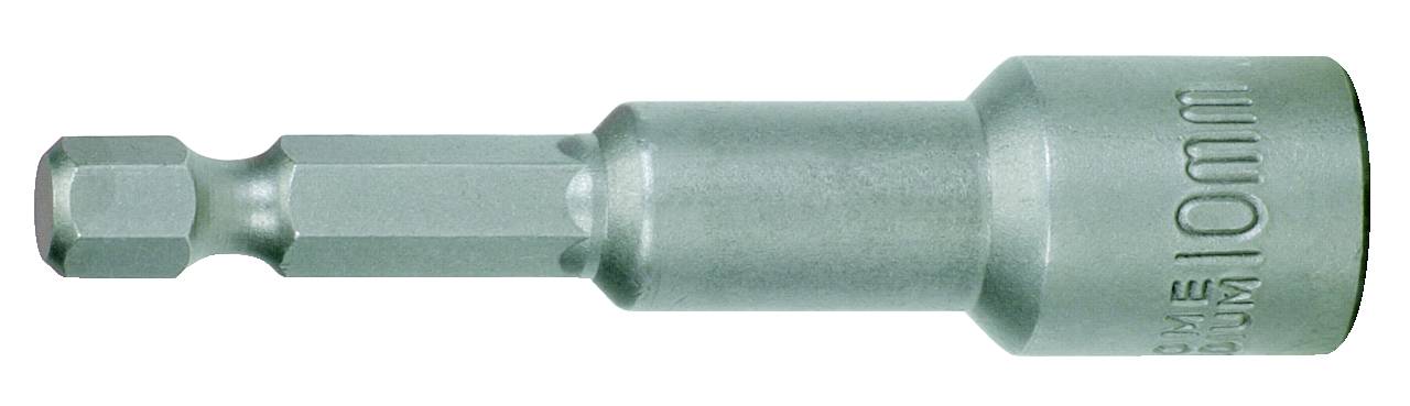 'A 10mm hexagonal socket bit' in close-up. A metal tool used for tightening screws.