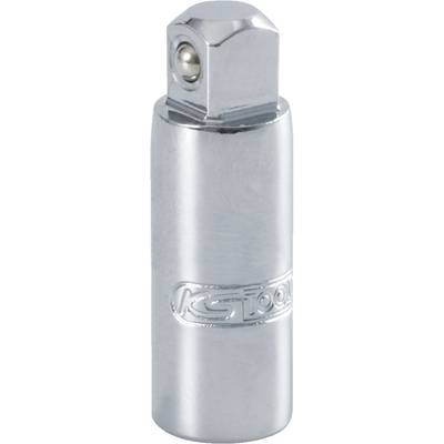 A chrome-plated socket adapter with a square drive and ball lock mechanism, suitable for tool connections.
