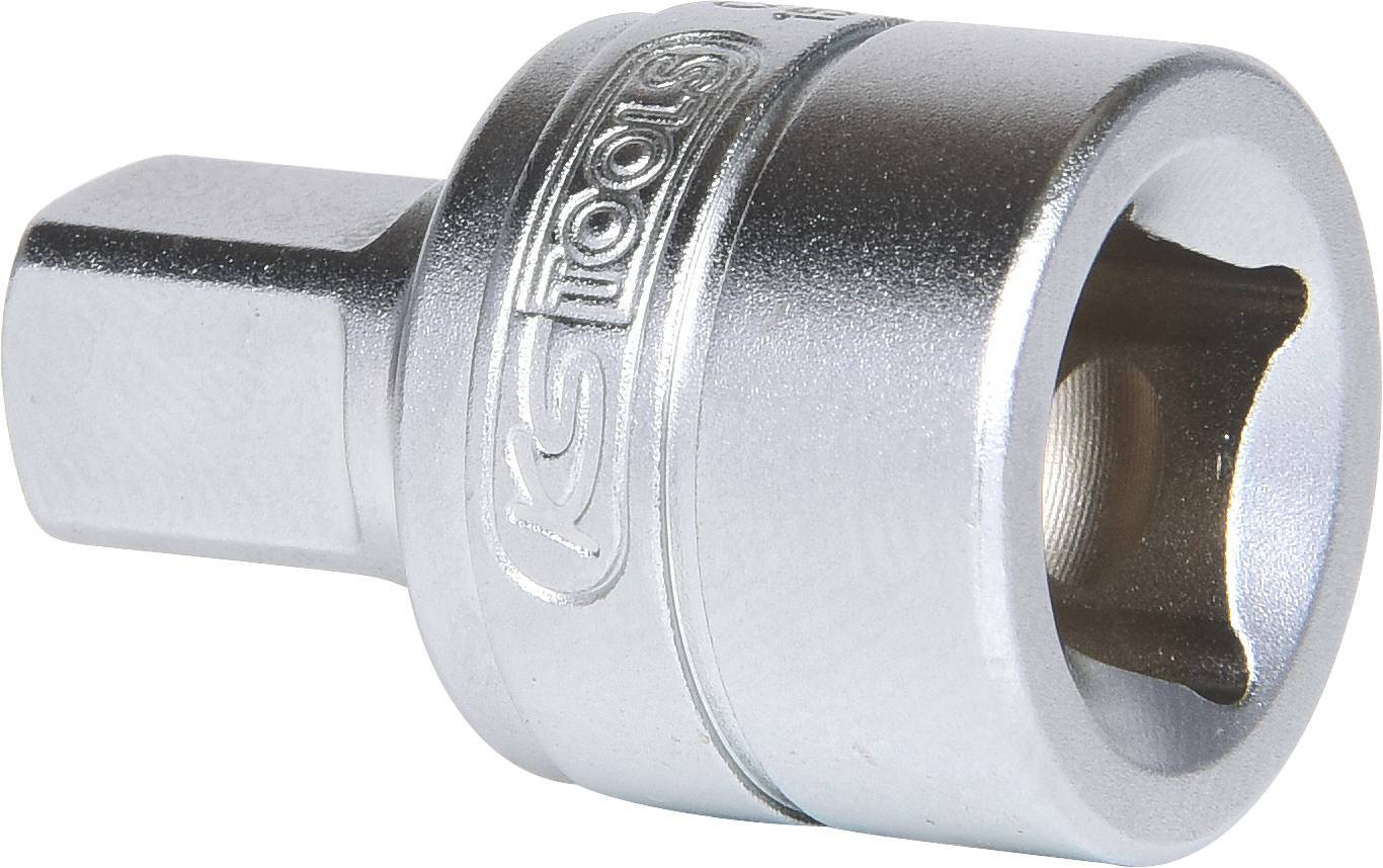A silver socket with a square drive, suitable for tools. It has a shiny surface and a hexagonal opening.