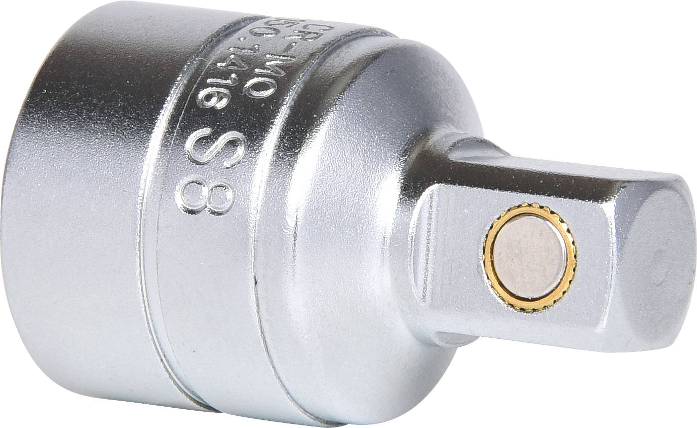 Metal adapter for socket wrenches with a square connection and round body, suitable for connecting different tool sizes.