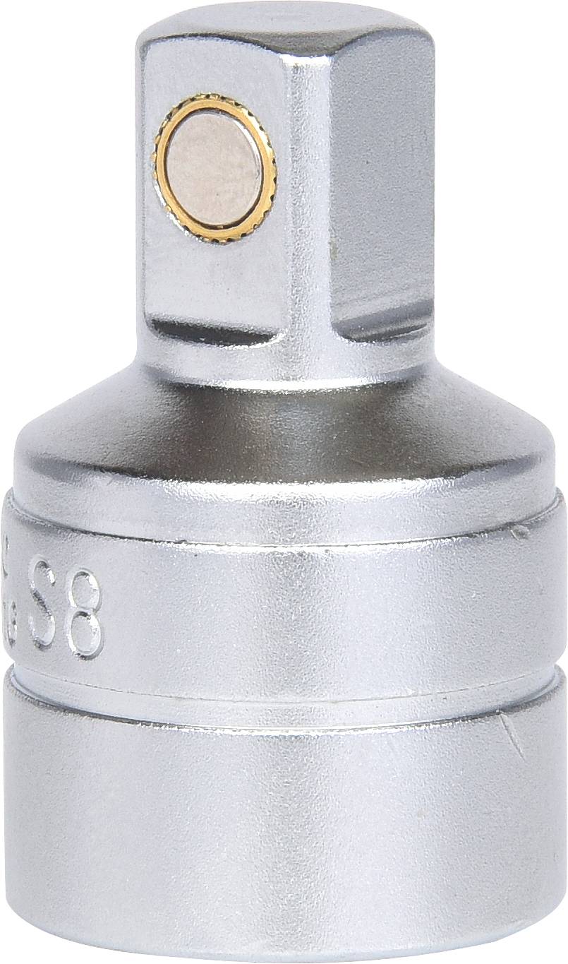 Metallic adapter with a square configuration and rounded details, used for tools or mechanical connections.