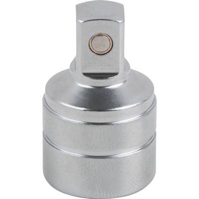 Metal adaptor for socket wrench, cylindrical shape, silver-coloured, with square connection on top.