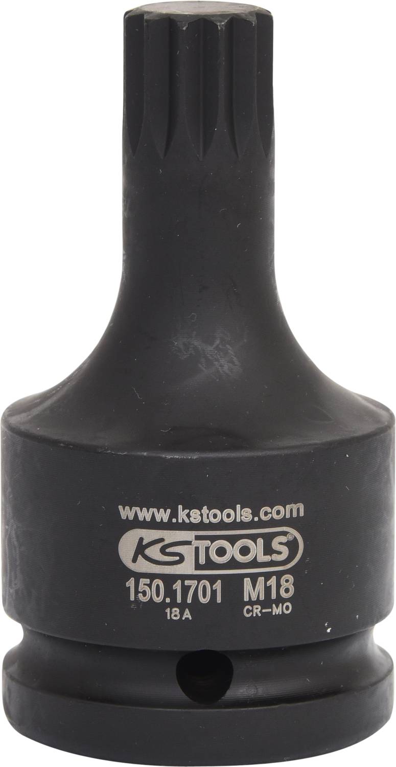 A black metal socket adaptor with 'KS TOOLS', '150.1701', 'M18' and 'CR-MO' printed on the front.