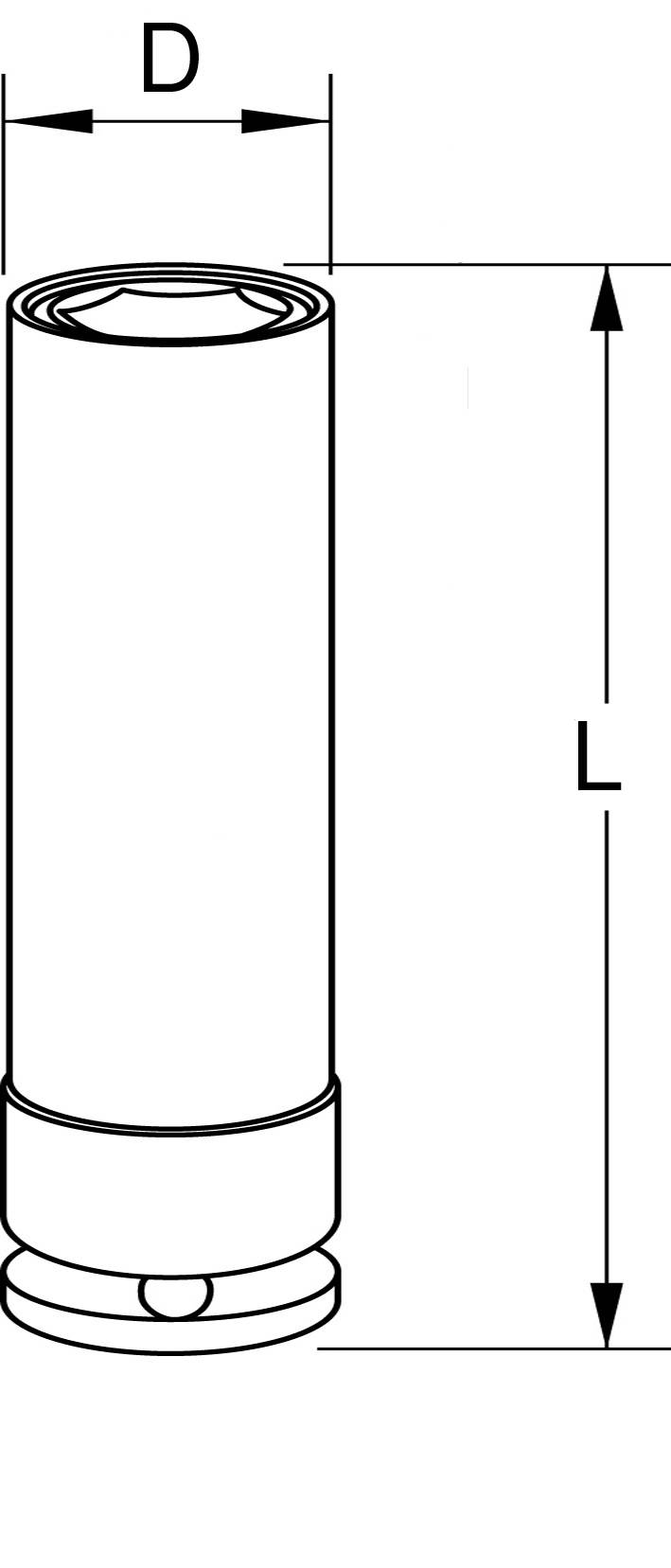 Technical drawing of a cylindrical object, height 'L', diameter 'D'. Arrows indicate dimensions.