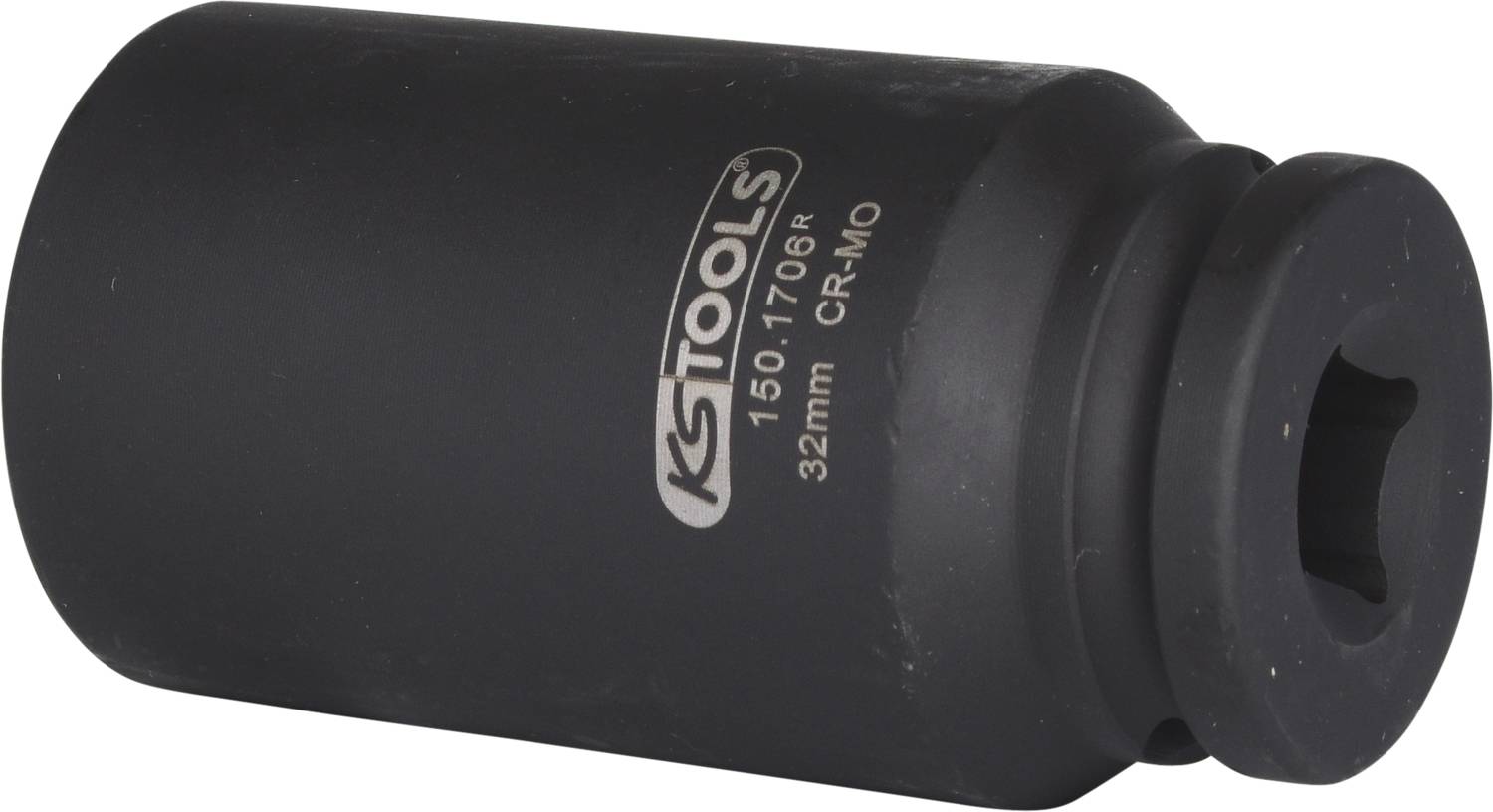 Large black socket wrench, 32 mm, with 'KS Tools' marking. Tool for assembly work.<br><br>Translation in British English:<br>Large black socket spanner, 32 mm, with 'KS Tools' marking. Tool for installation tasks.