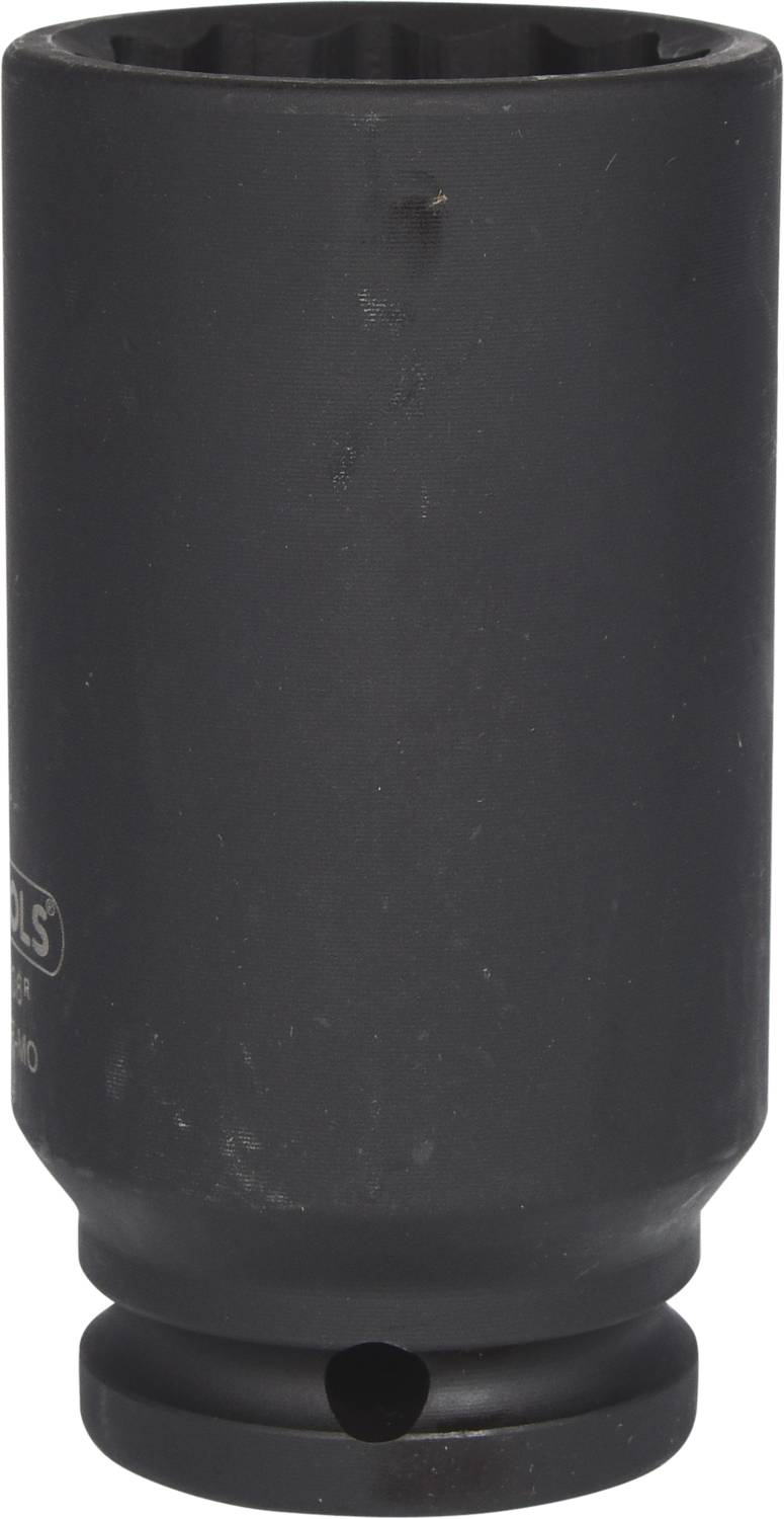A black socket adaptor in cylindrical form. Suitable for use with an impact driver to loosen nuts.