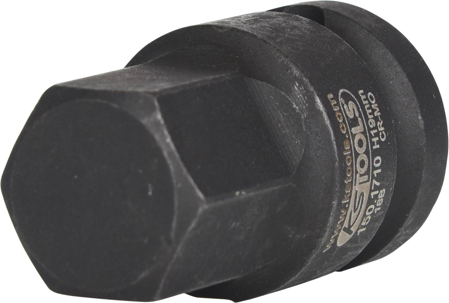 Black metal socket nut with a hexagonal opening, suitable for use with a torque wrench.