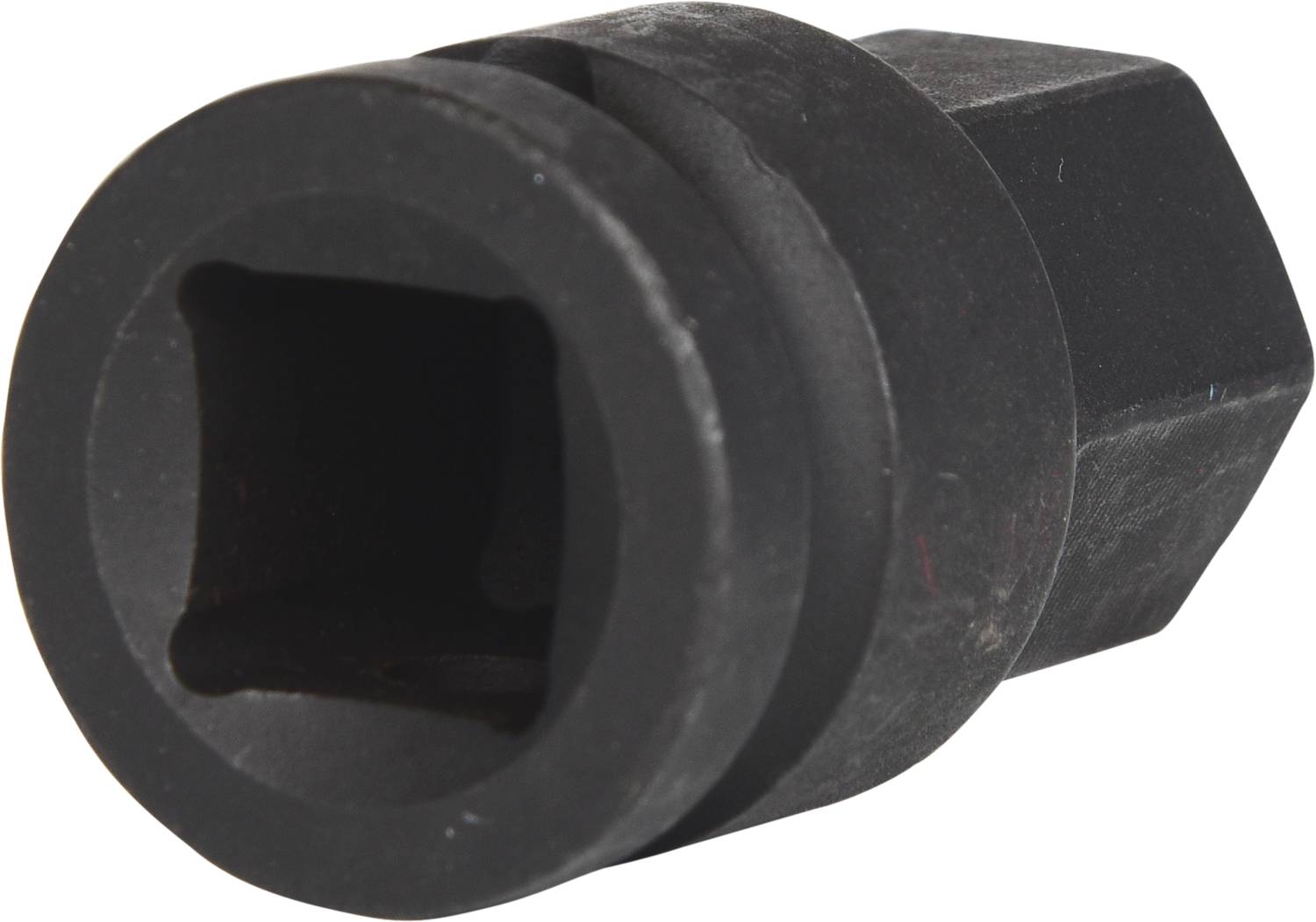 Black tool adapter with a square hole in the centre, used for adapting tool attachments to various machines.