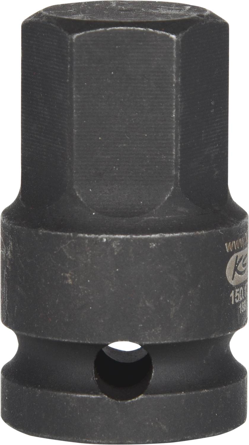 Hexagonal socket wrench, black, with a round hole at the bottom, cylindrical shape, suitable for heavy-duty applications.