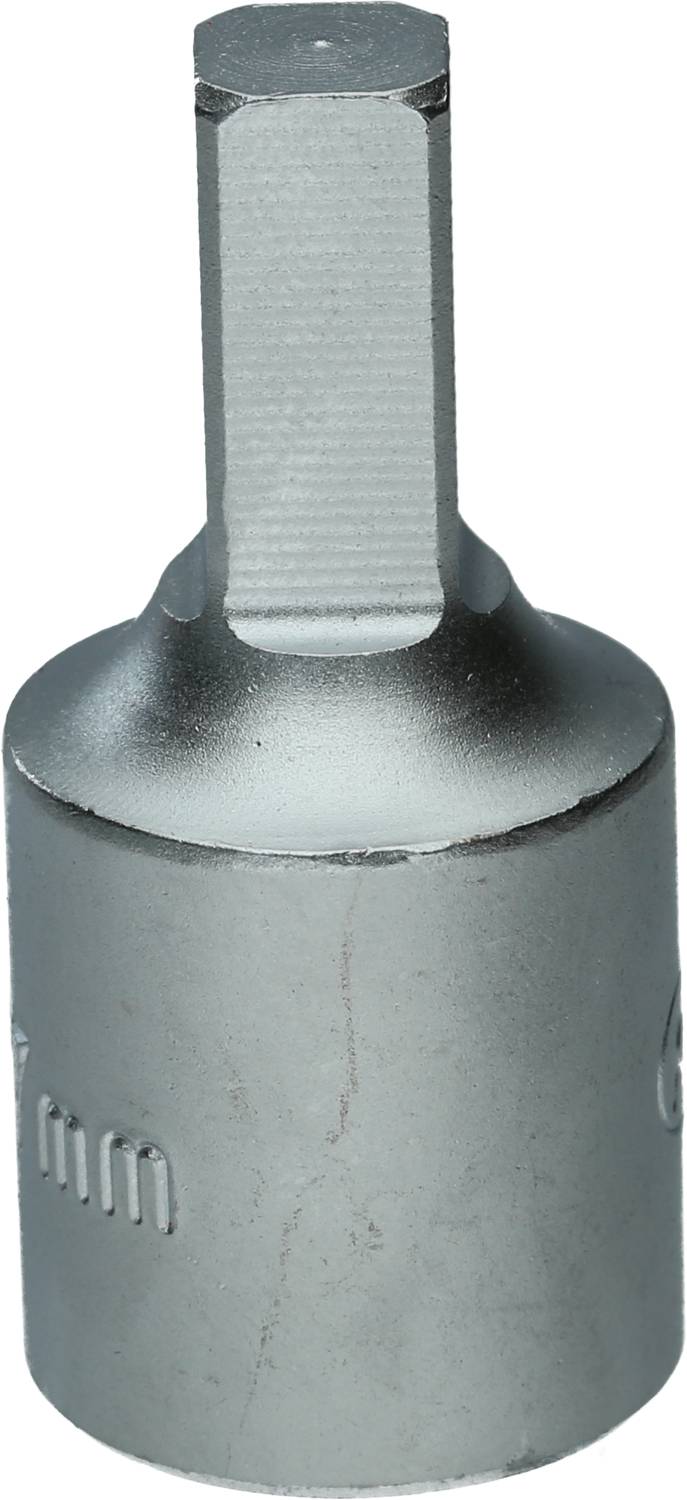 A silver-coloured socket with a hexagonal internal drive, used for mechanical and DIY work.