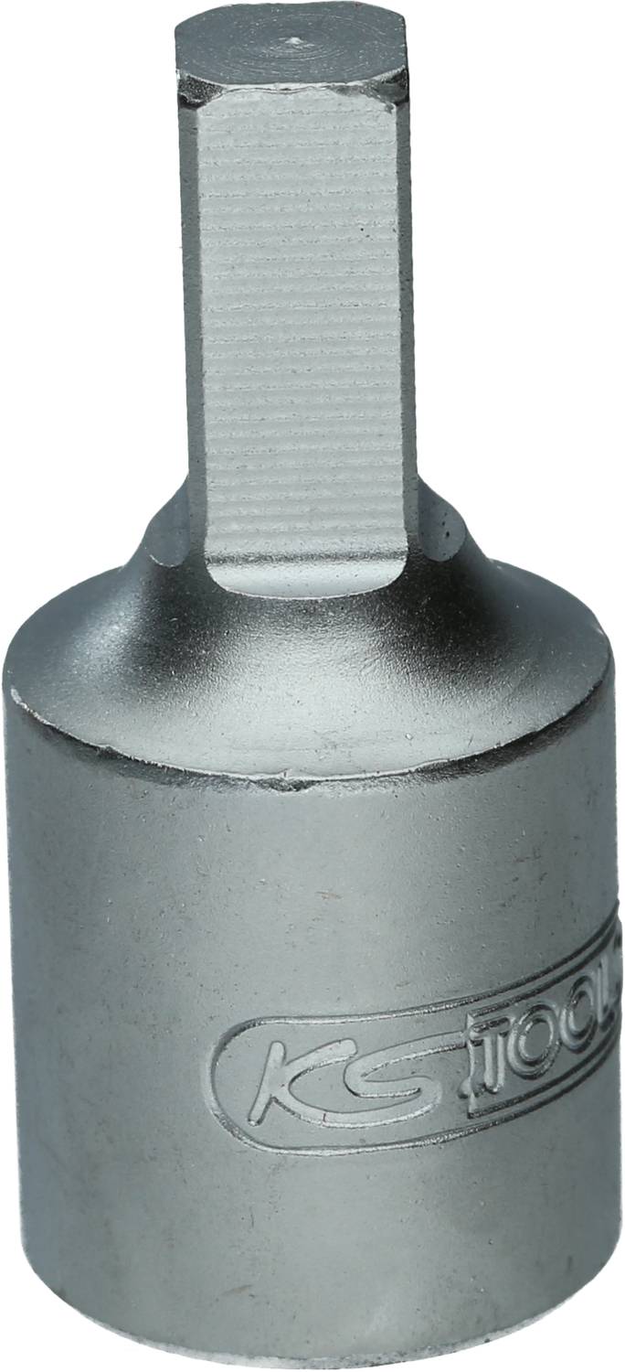 A silver socket extension with a hexagonal attachment, suitable for work with screws and nuts.