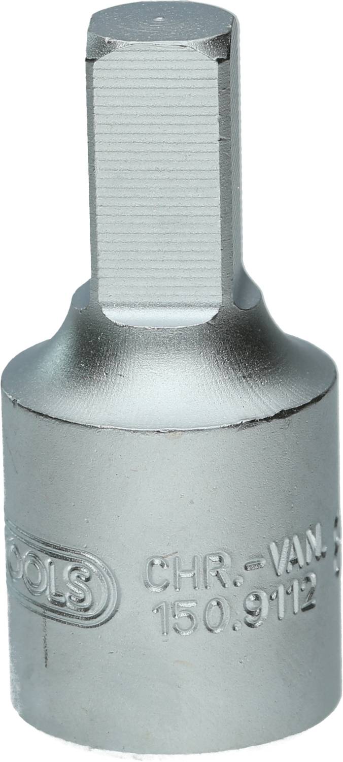Metal hexagonal bit adapter, cylindrical in shape, with a hexagonal upper surface, suitable for screw-related work.