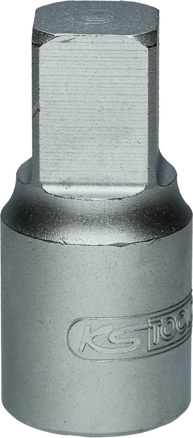Silver hexagonal socket key attachment with engraved logo on the side. Used for fastenings with compatible nuts.