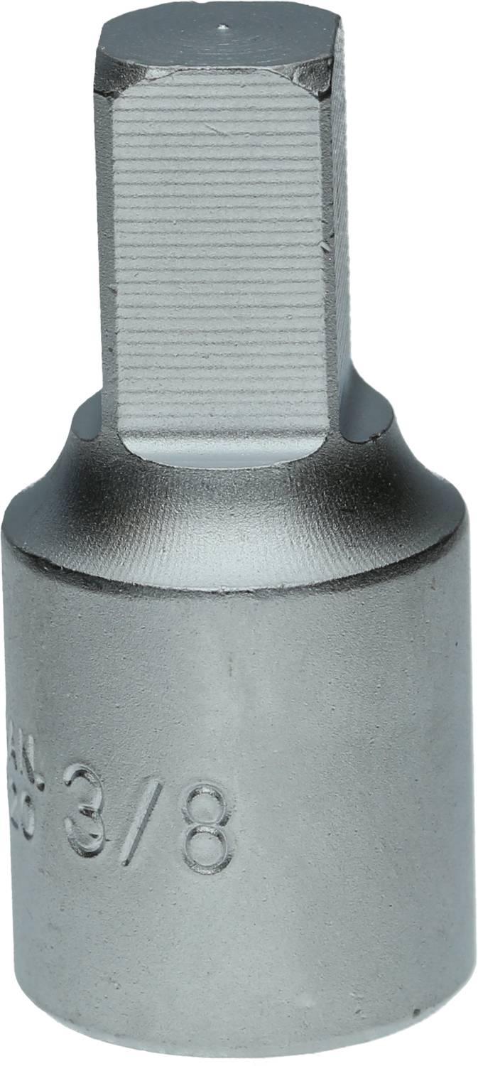 A silver hexagonal-headed socket tool with '3/8' inscription. Suitable for screw-related work.