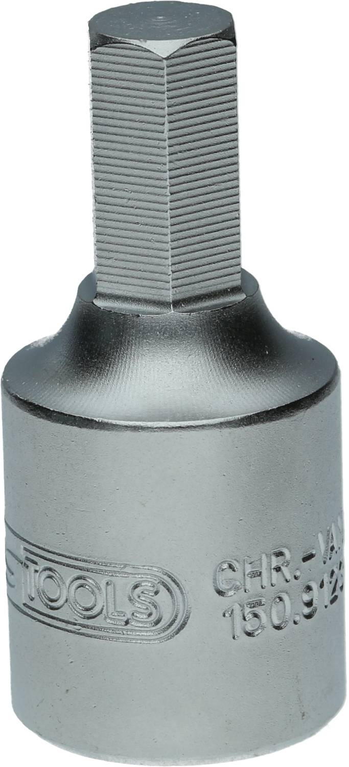 Metal hexagonal socket with an engraved marking on the side displaying a product number and brand. Ideal for tool use.