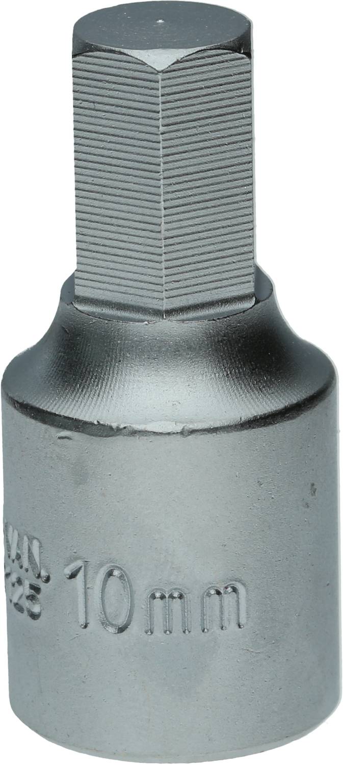 Socket key attachment with hexagonal head, 10 mm in size. Manufactured from silver-coloured metal. Suitable for screw-related work.