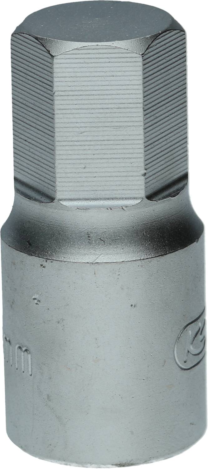 Metal socket with hexagonal opening, suitable for use with spanners or ratchets.