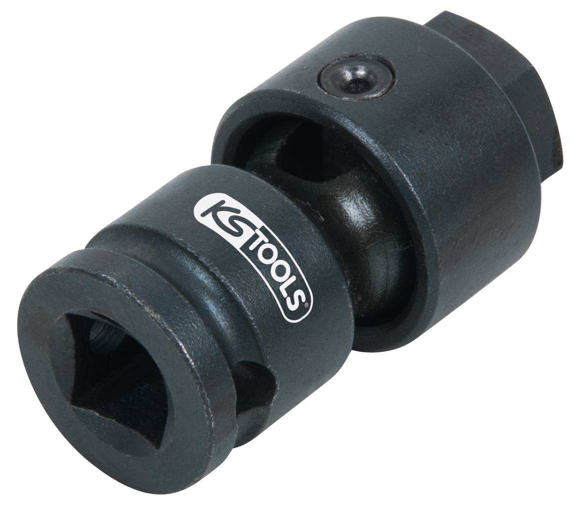 Universal swivel joint with KS TOOLS logo, black, made of metal, used for connecting tools to facilitate working angles.