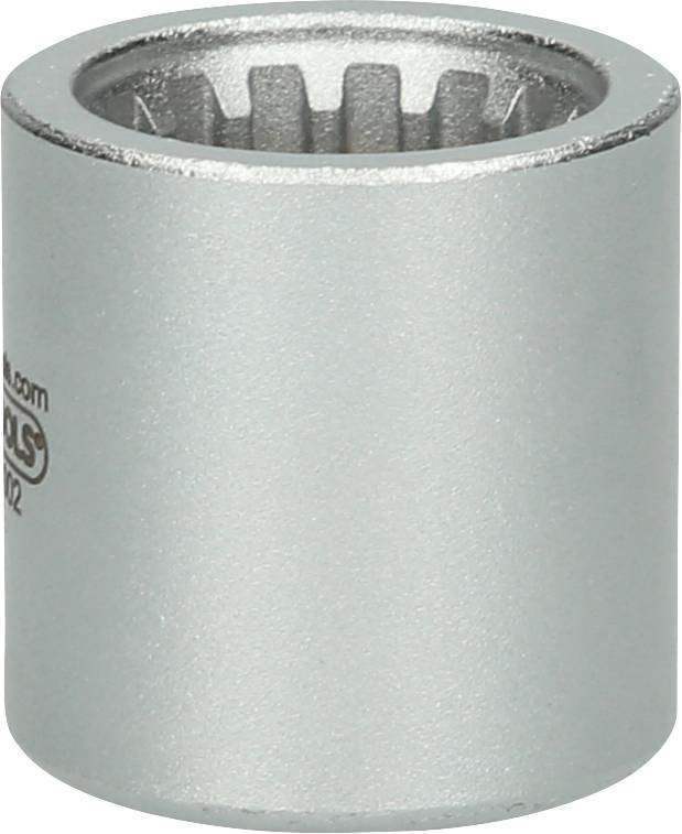 Metal socket spanner with internal teeth, cylindrical shape, for use with tools on nuts or bolts.
