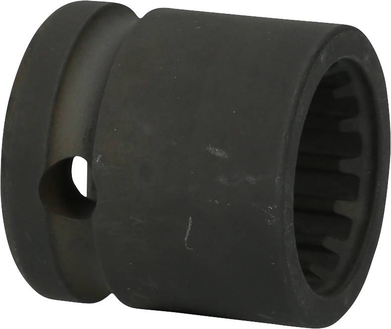 A black metal gear wheel with a round hole at the side and toothed inner surfaces.