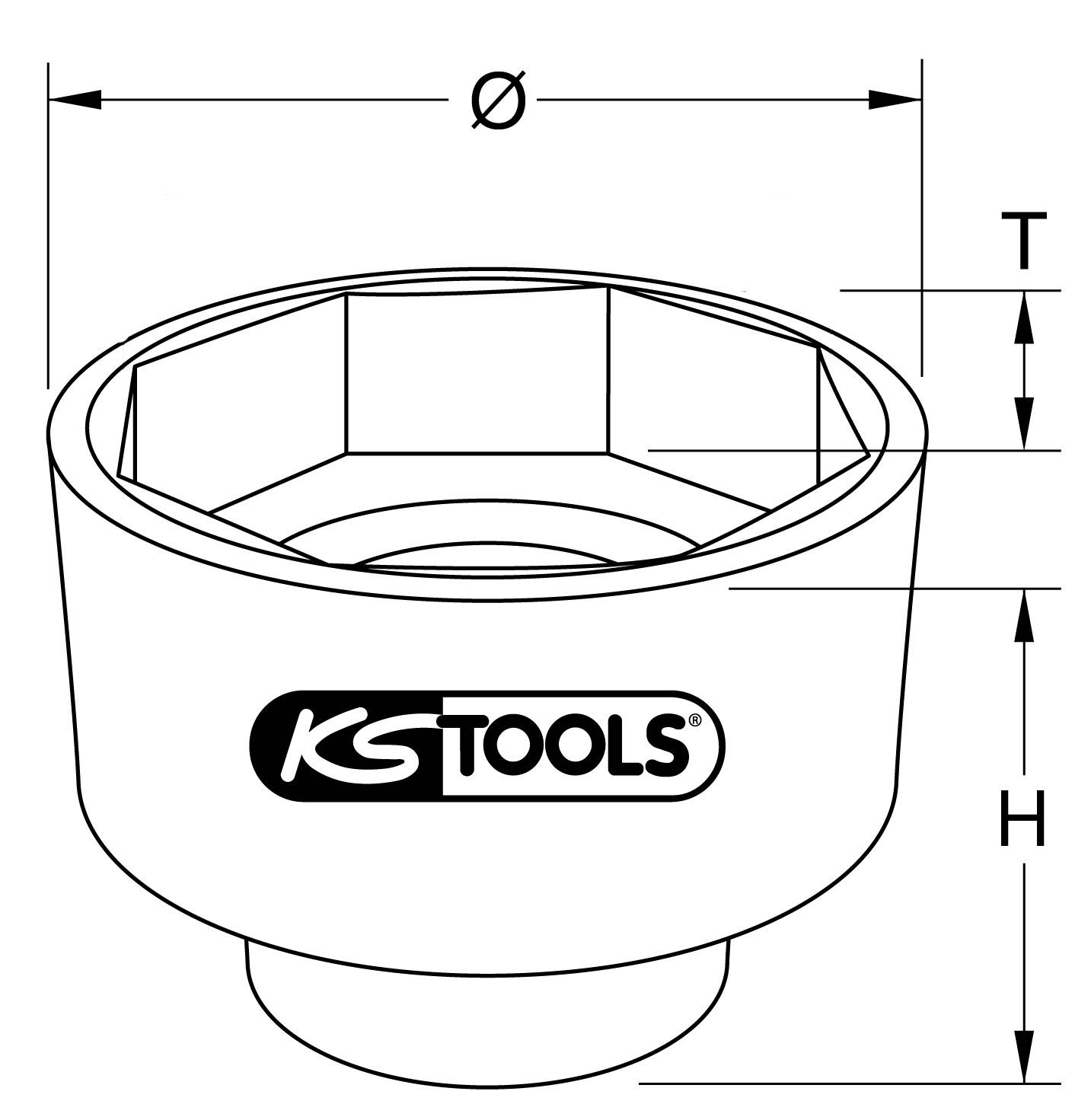 Figure of a tool attachment with a hexagonal opening. Dimensions are Ø for diameter, T for depth, and H for height. Marked with 'KS TOOLS'.
