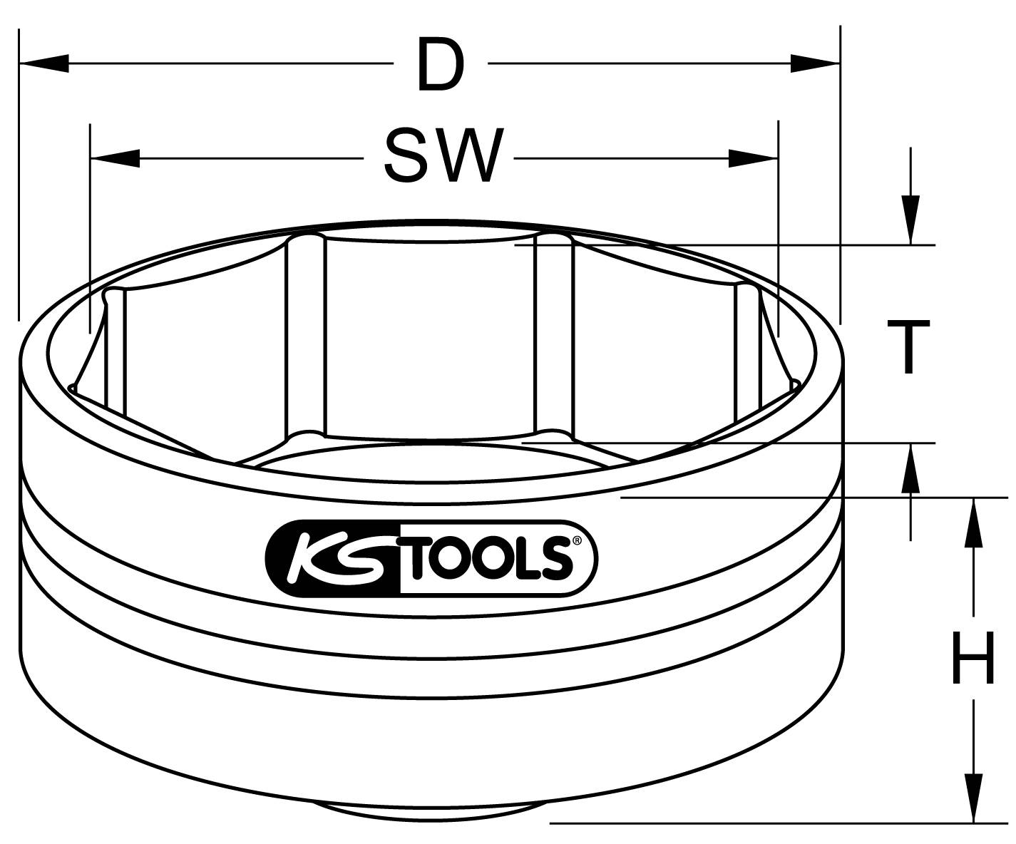 Technical drawing of a tool with dimensions: D (Diameter), SW (Spanner Size), T (Depth), H (Height).