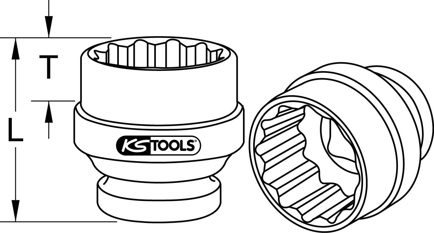 'KS Tools' logo sketch featuring two socket inserts. One depicts the height (L, T), the other showing the profile shape.