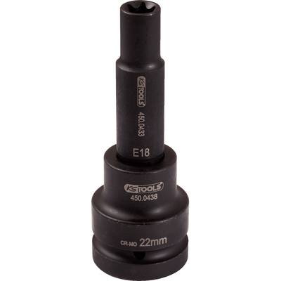 A black tool set with the inscription 'E18', 'KG Tools', 'CR-MO 22mm'. It is a long socket wrench element.