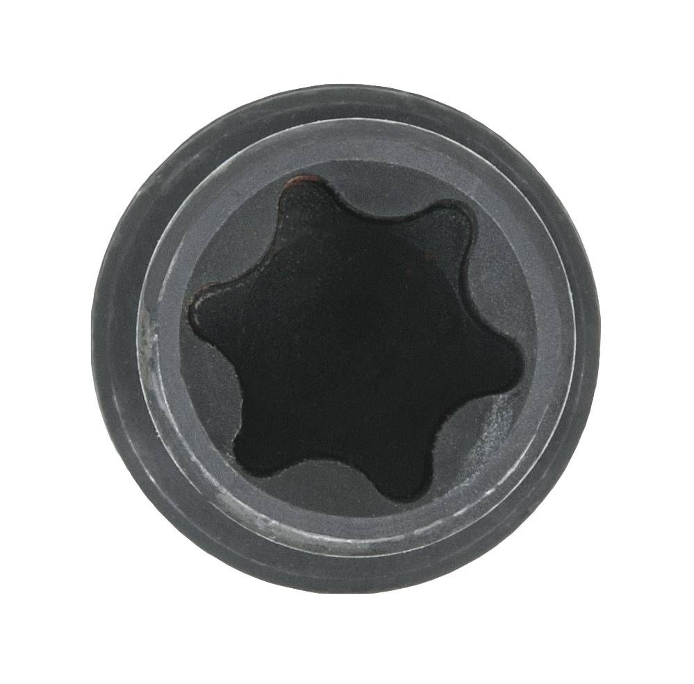 Cross-headed screw with a six-pointed star-shaped internal hexagon profile, coloured black and silver.