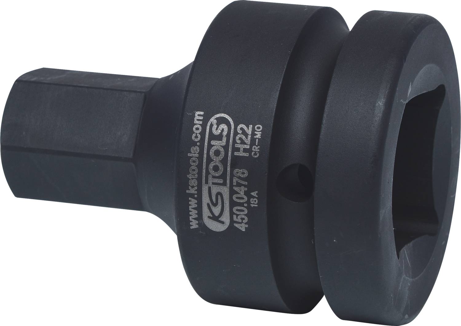 A black, hexagonal adapter by KS Tools. Model number 450.0478 with H22 and Cr-Mo markings.