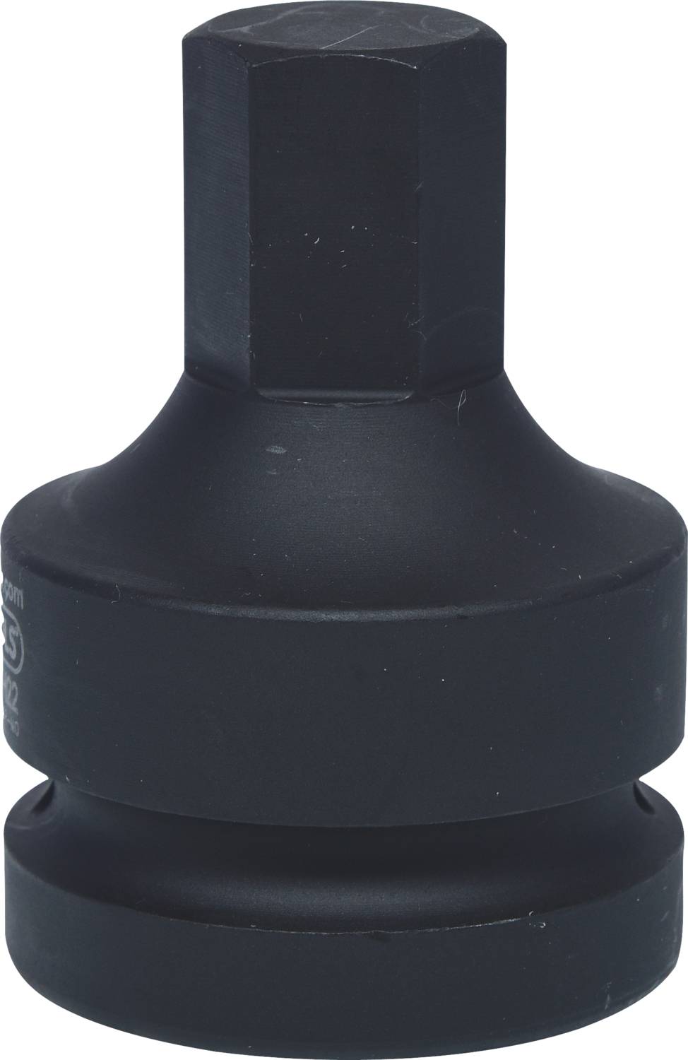 A black, robust adapter with a square and hexagonal end, used for attaching tool accessories.