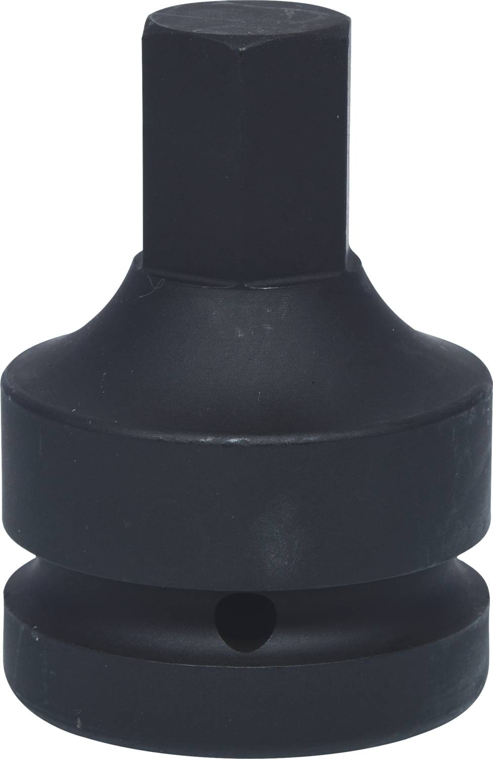 A black metal tool attachment, cylindrically shaped with a hexagonal connector on top. Likely used for tightening nuts.