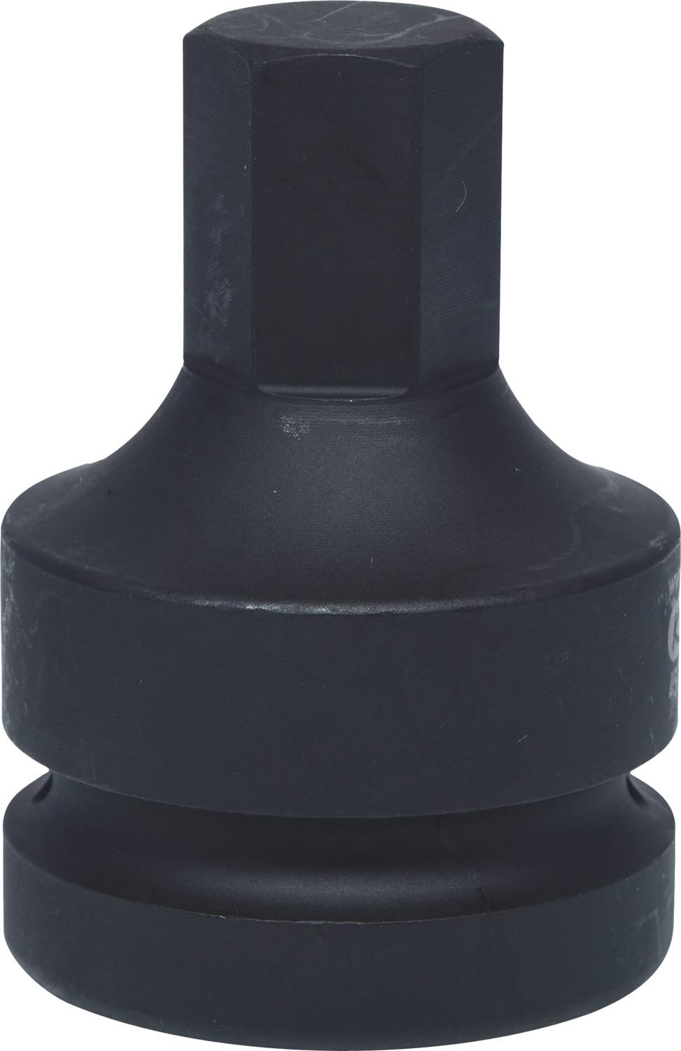 Black metal adaptor piece with a hexagonal top surface and cylindrical body, used for tools or mechanical connections.
