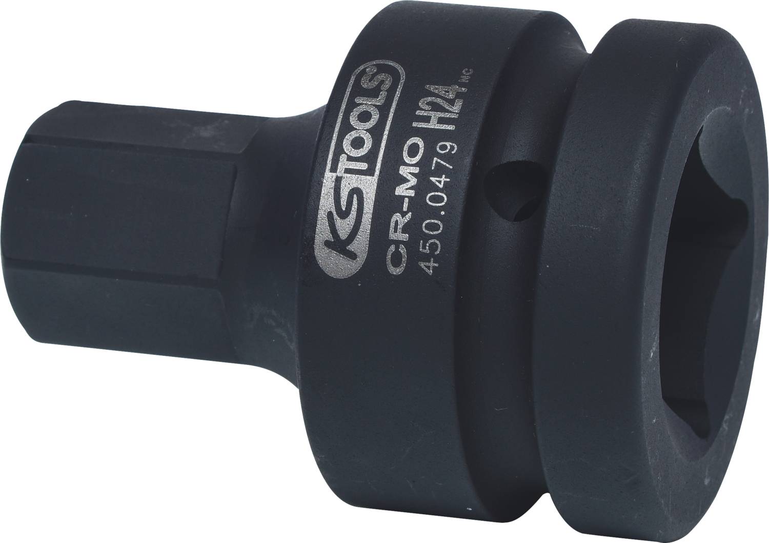 'KG Tools CR-MO H24' Socket Adapter, black, cylindrical shape, made from solid steel. With marking for size and material.