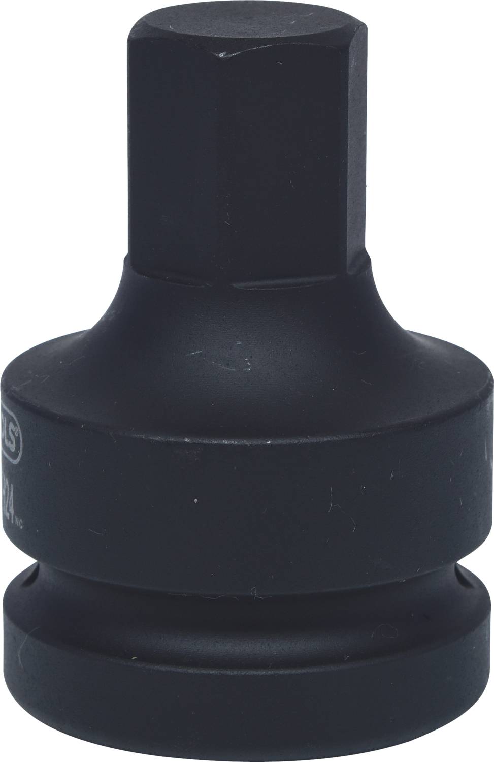 Black metal socket adapter, cylindrical in shape with a square end for receiving tool attachments.