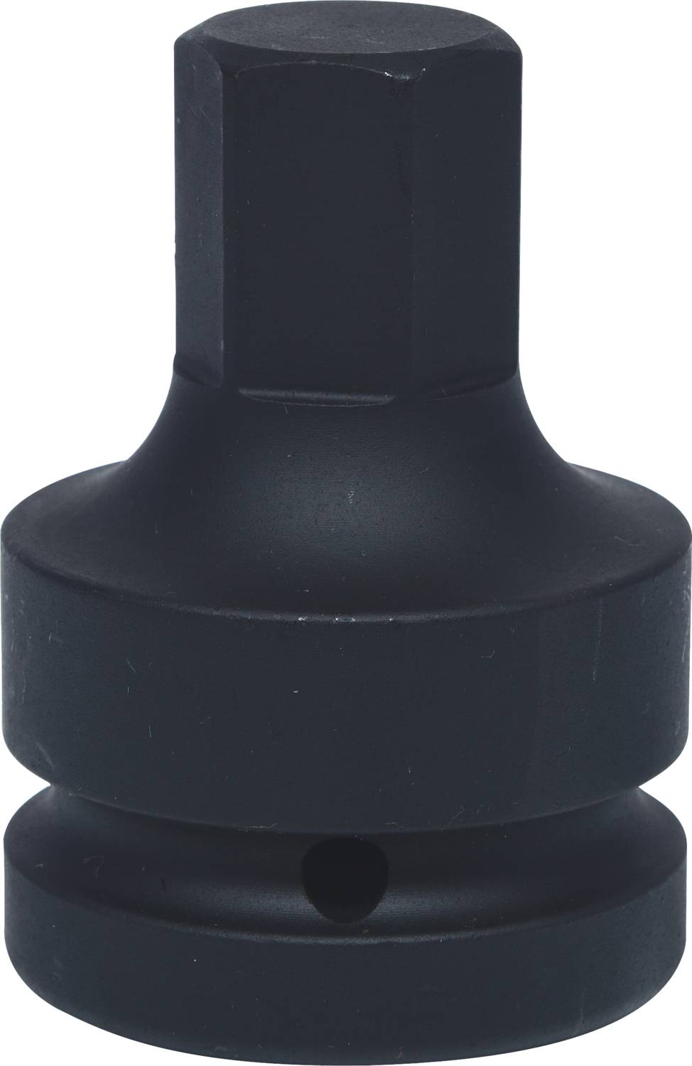 Black metal adapter with a hexagonal top surface and cylindrical base, used for tools or mechanical connections.