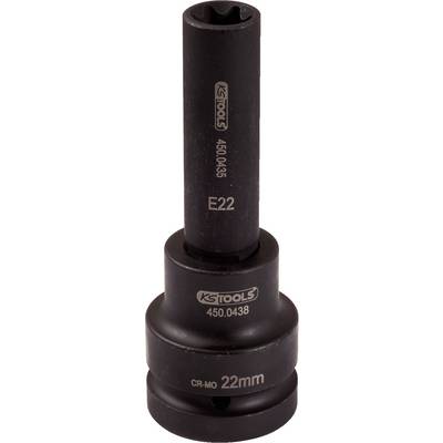Black socket nut with engravings: 'KG Tools', 'CR-MO 22mm', 'E22', '450.0438'. Used for repair or maintenance work.