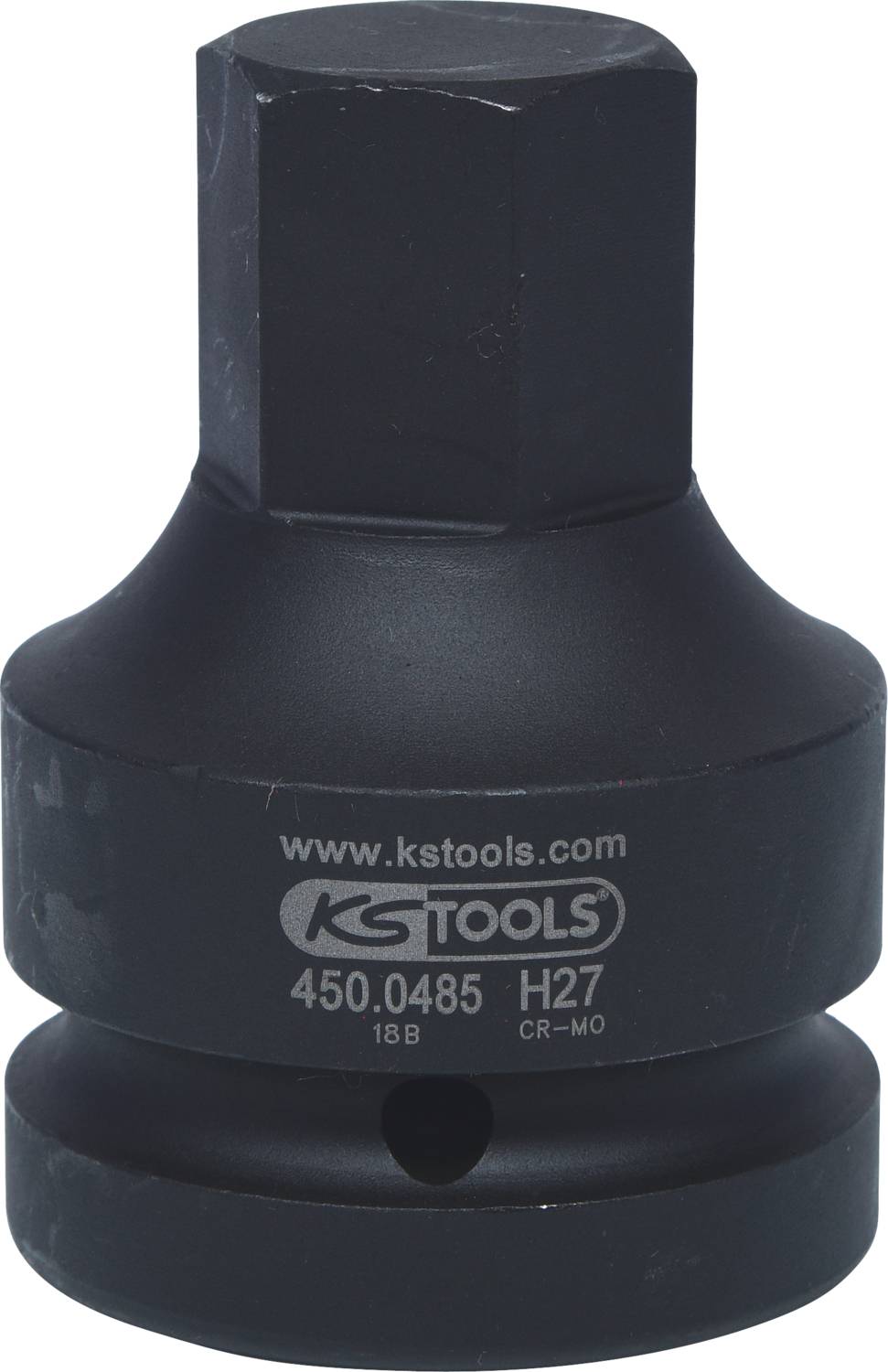 Black tool attachment by KS Tools with the inscription '450.0485 H27', hexagonal end and cylindrical body.