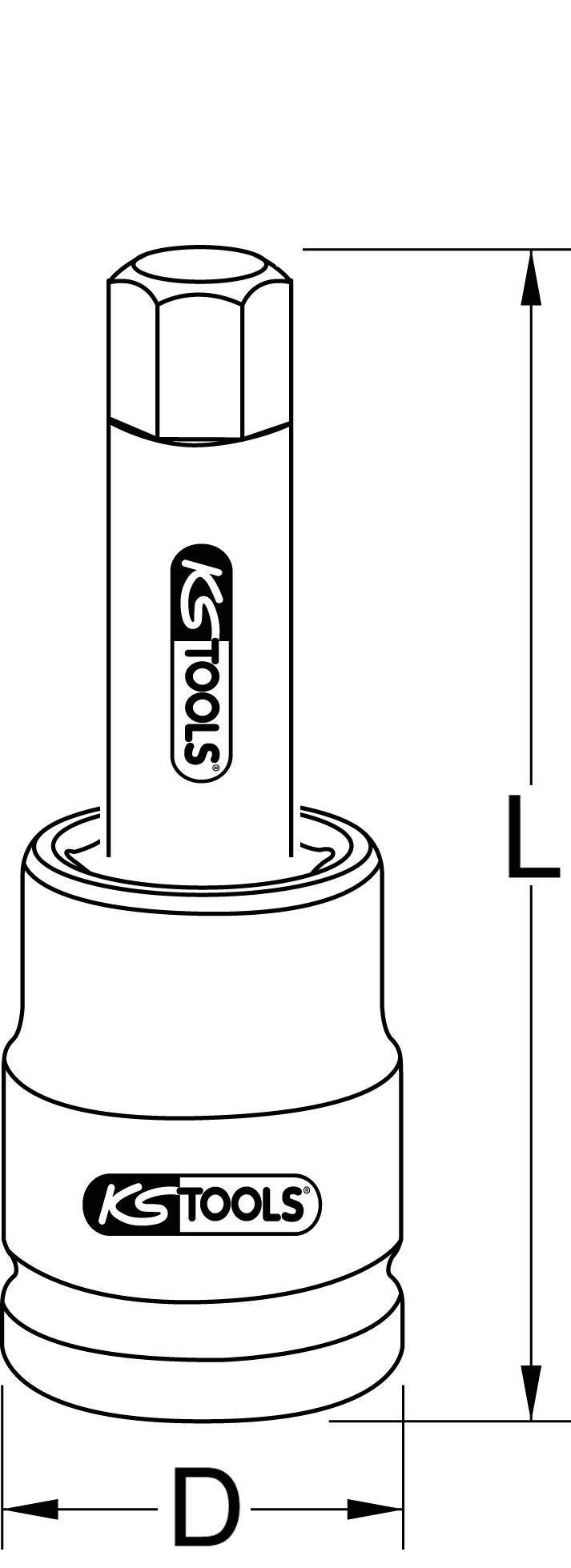 Illustration of a socket wrench with a hexagonal bit holder. Marked with 'KS Tools'. Dimensions L and D are indicated.