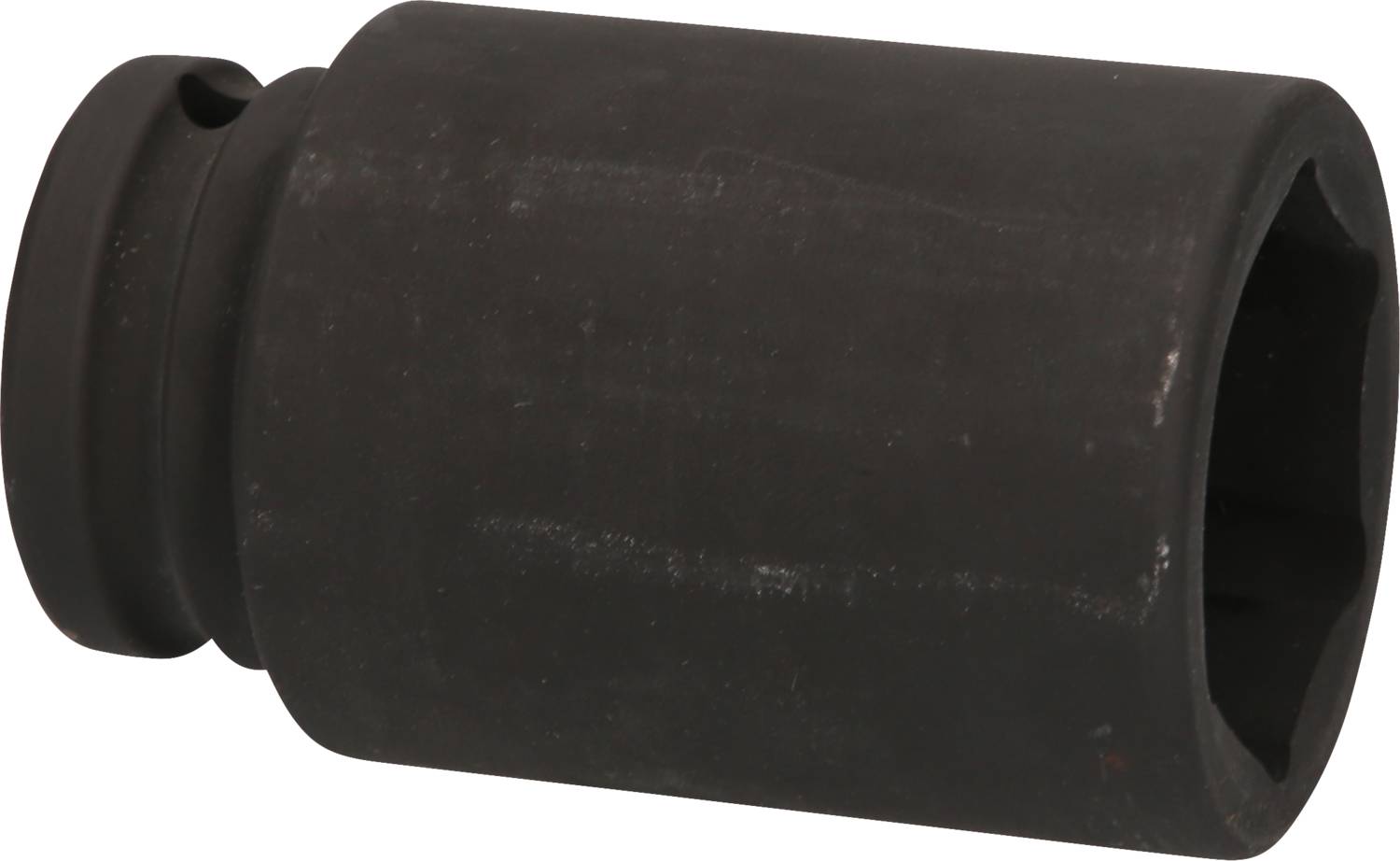 Black metal socket adaptor, cylindrical with a square opening, used for fastening in mechanical work.