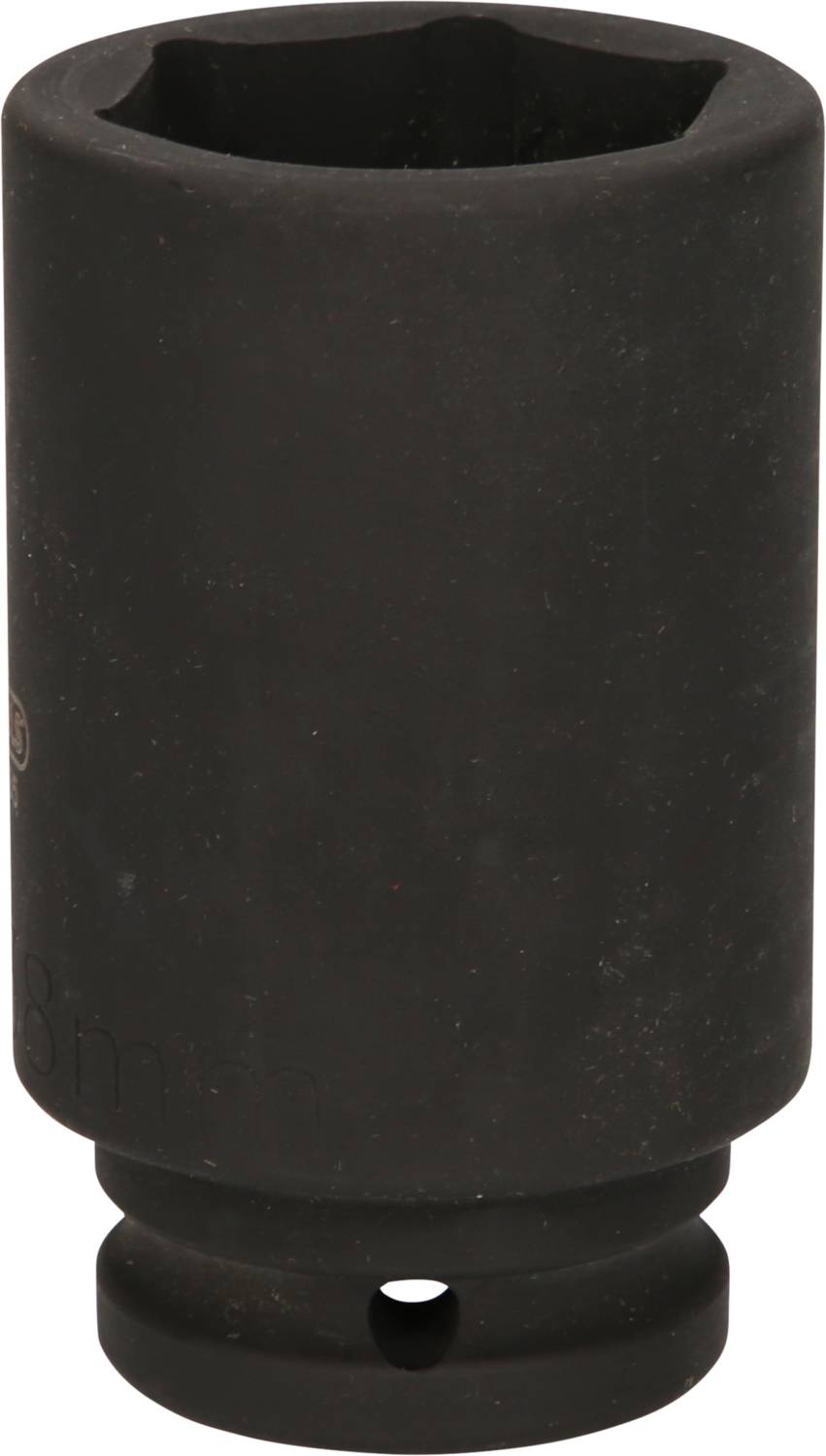 A black socket adaptor with a round hexagonal head and a size of 18 mm.