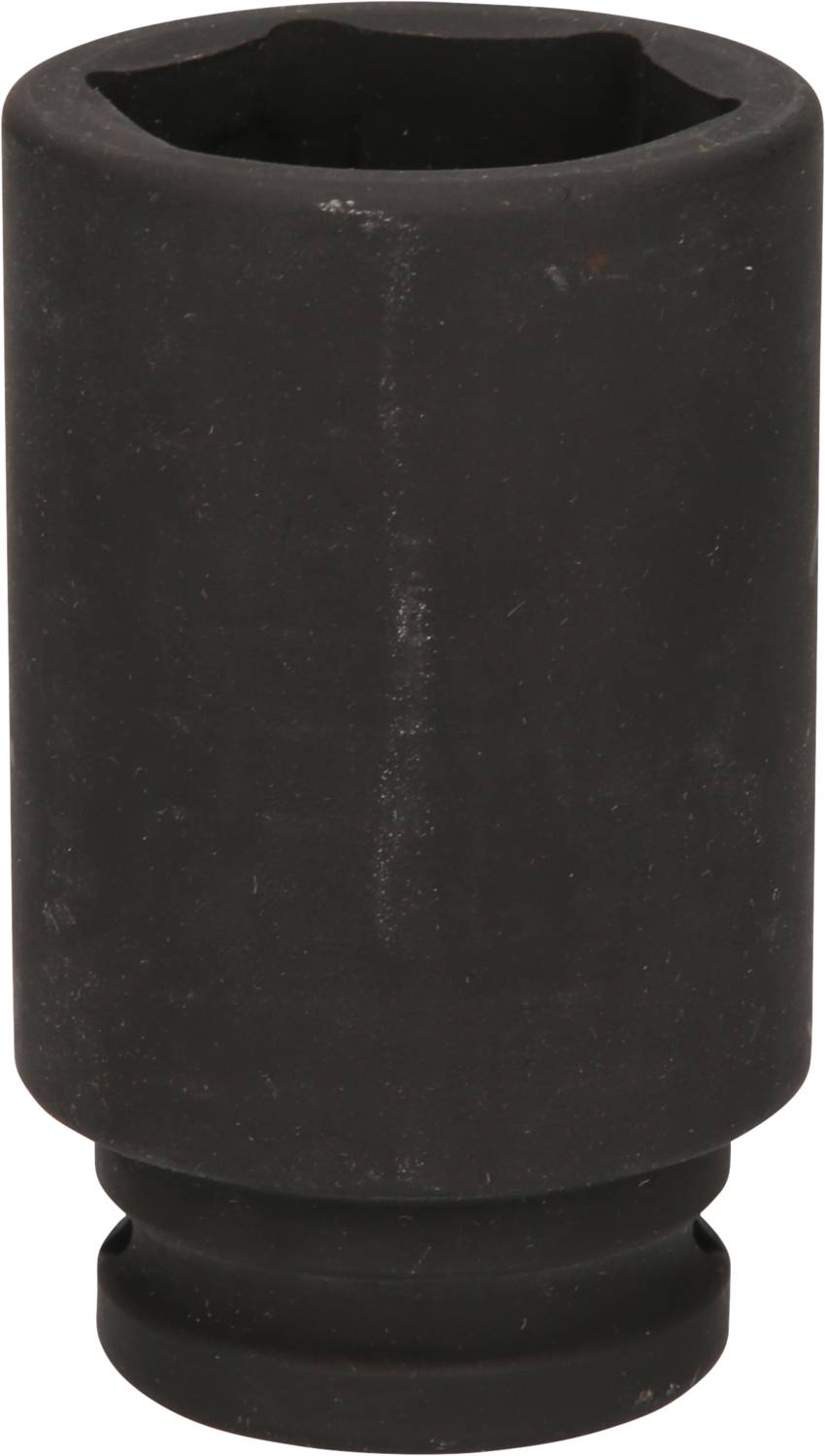A black hexagonal socket wrench with a smooth surface and straight form.
