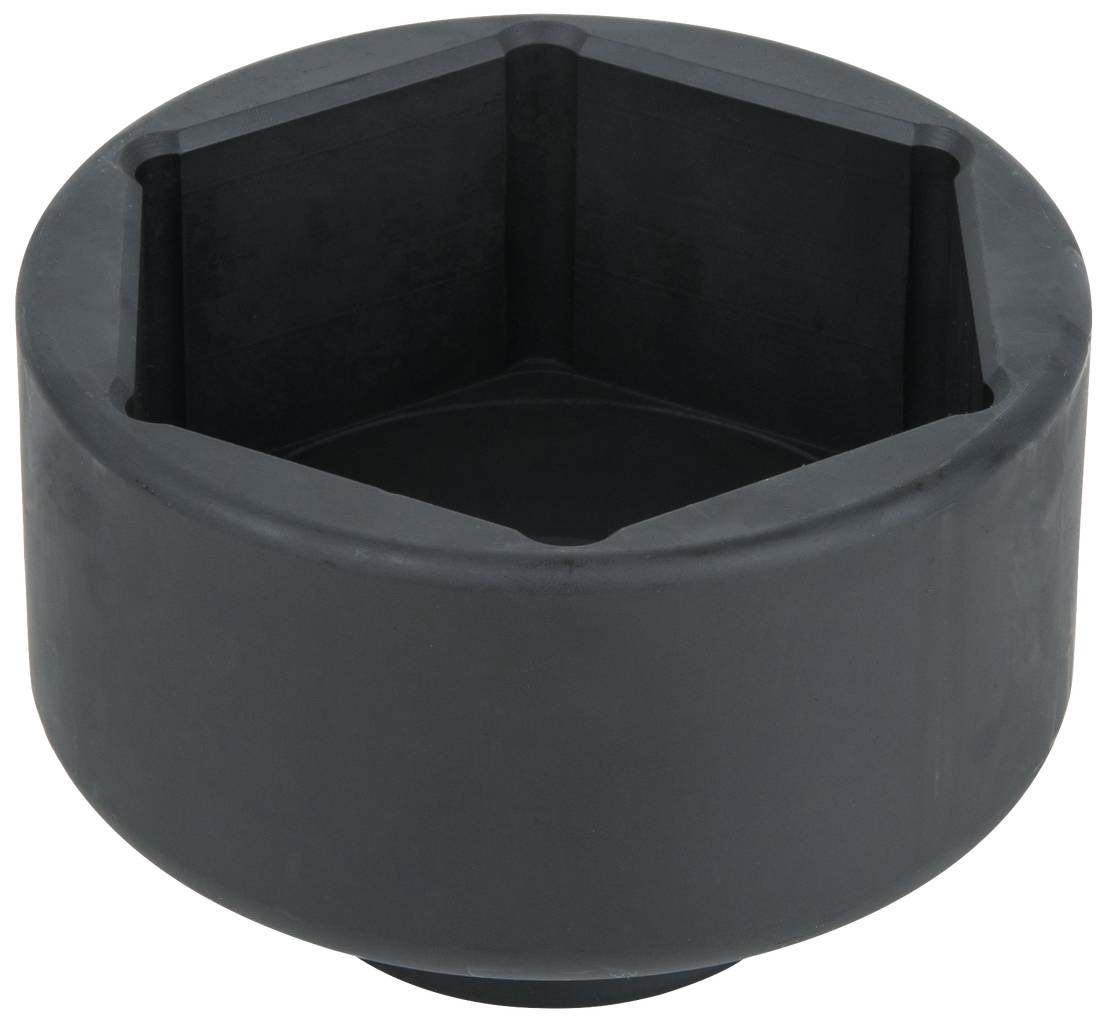 Black hexagonal bit socket in a deep nut shape. Used for screw work, fits hexagonal screws.