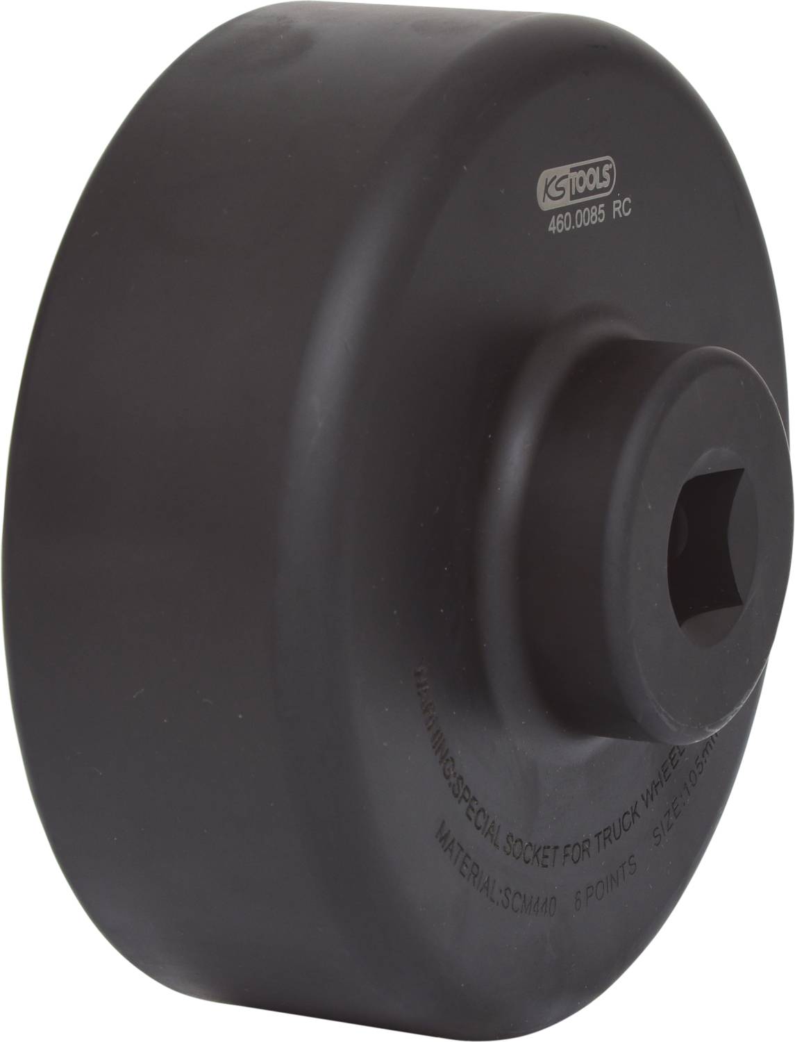 Black, round oil filter wrench with hexagonal internal profile, suitable for lorry maintenance. Inscription: 'KS TOOLS 460.0845 RC'.