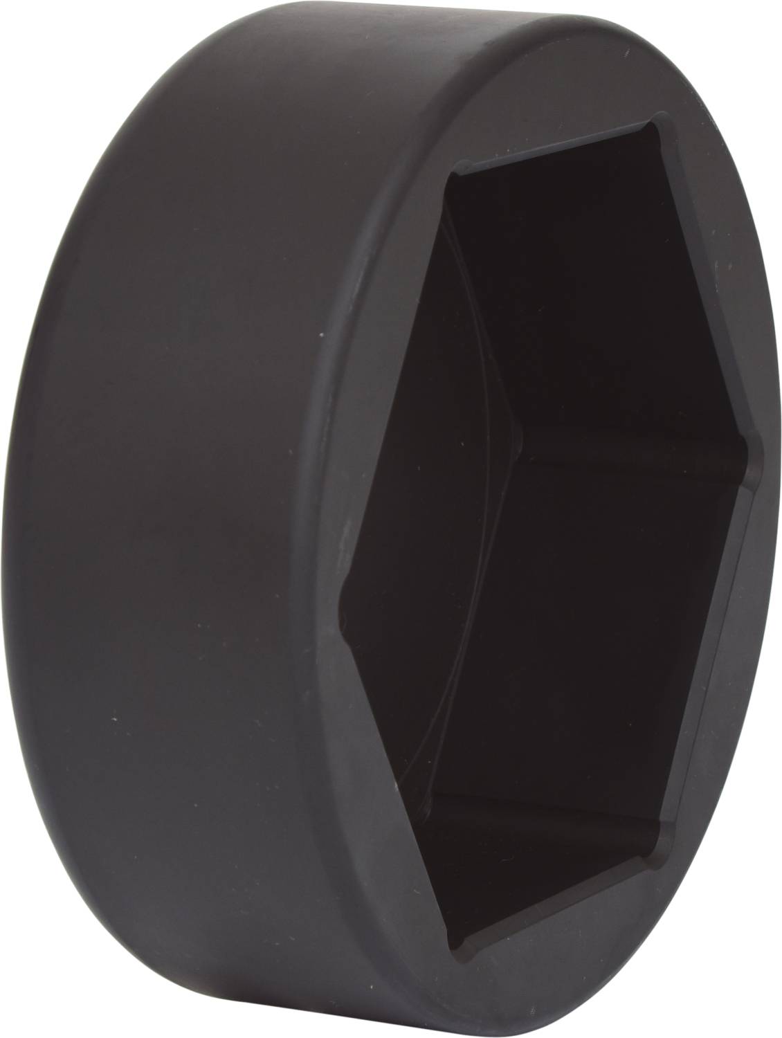 Black, hexagonal plastic tool used for tightening or removing hexagonal-headed screws or nuts.